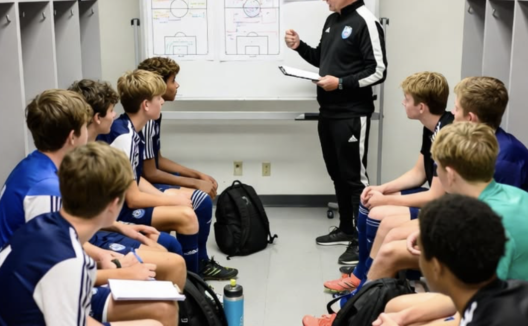 A coach addressing a team in a locker room